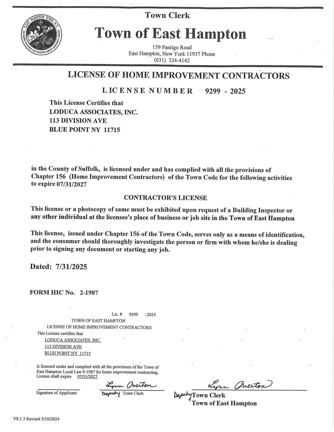 Town of East Hampton Home Improvement Contractor license