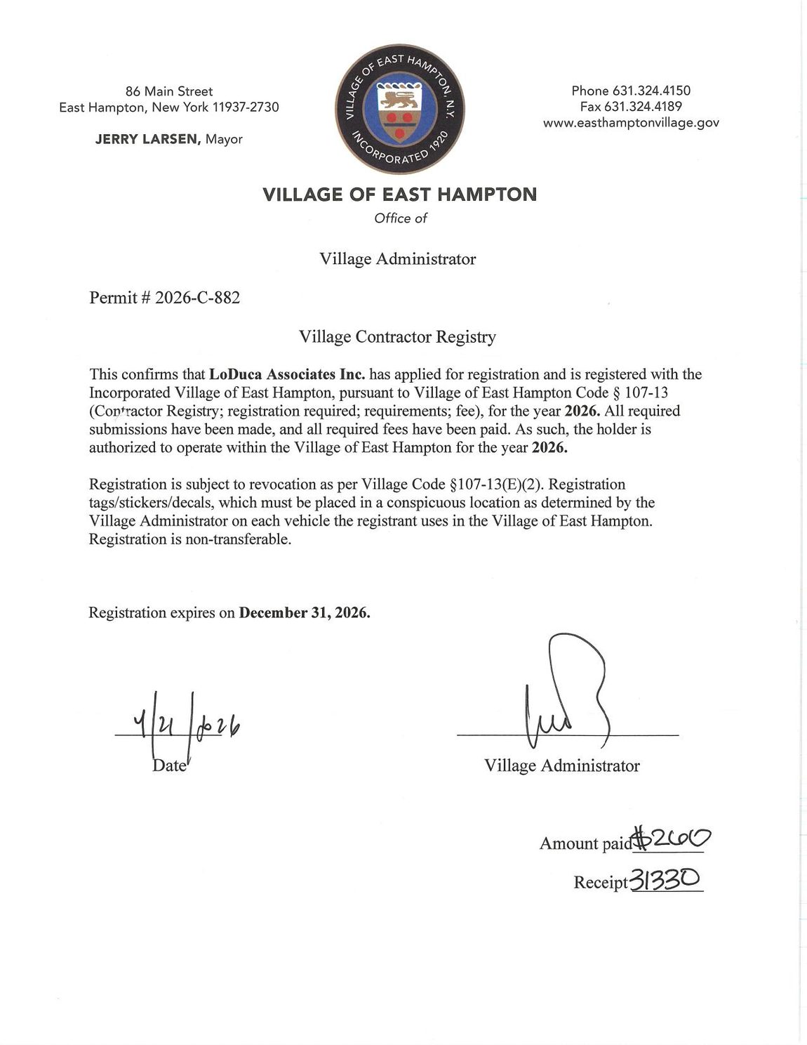 Village of East Hampton Contractor Registry license